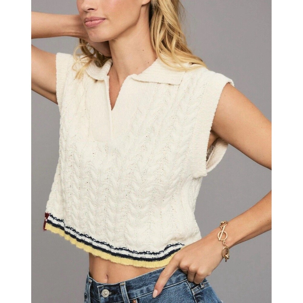 Anthropologie Maeve Sweater Collared Cable Knit Crop Preppy Stripe Vest Ivory M